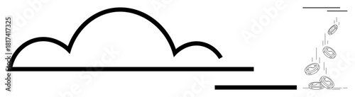 Black outline of a cloud connected to linear bars with coins falling upward. Ideal for technology, savings, investment, digital transformation, innovation, cloud storage, financial growth. Simple