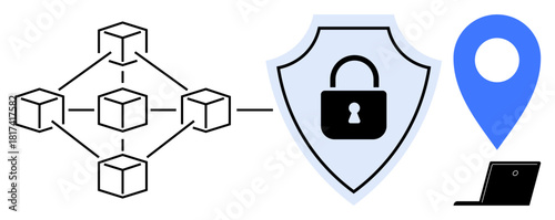 Blockchain diagram connected to security shield, geolocation pin, and laptop. Ideal for cybersecurity, blockchain, data encryption, secure transactions, location tracking, technology remote access