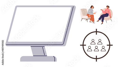 Blank monitor, two people seated and talking, and target audience icon. Ideal for business, marketing, collaboration, team discussion, communication digital focus and strategy planning. Clean flat