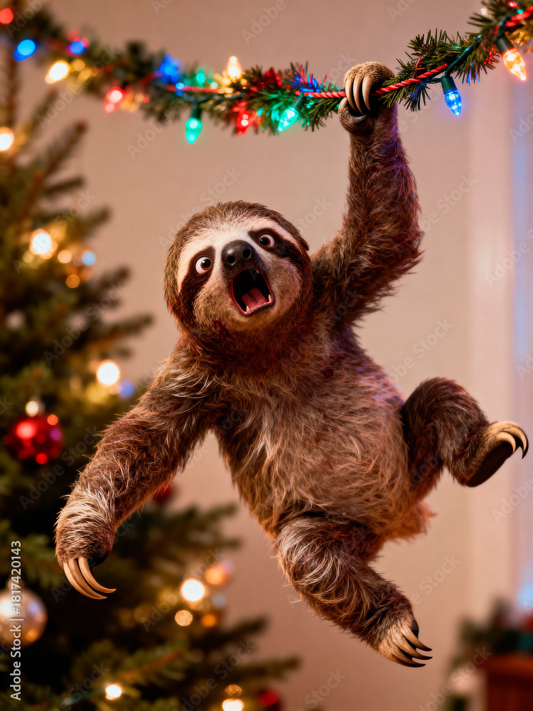 Naklejka premium Playful sloth hanging from colorful holiday lights on a Christmas tree, showcasing festive decorations and a joyful atmosphere in a cozy indoor setting
