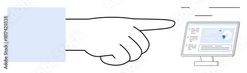 Hand pointing at desktop monitor with data dashboard, including charts and metrics. Ideal for analytics, monitoring, task management, decision-making, user interface, guidance, simple flat metaphor
