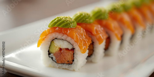 Salmon sushi rolls topped with avocado on white plate