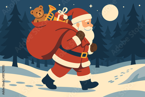 Santa illustration off moonlight snow footprints moonlit s through sack vector reindeer