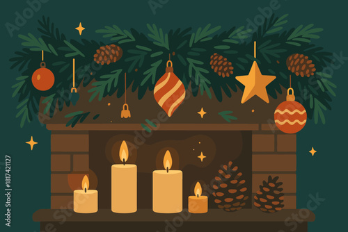 Draped softly illustration holiday fireplace mantel evergreen pinecones shining cozy garland vector