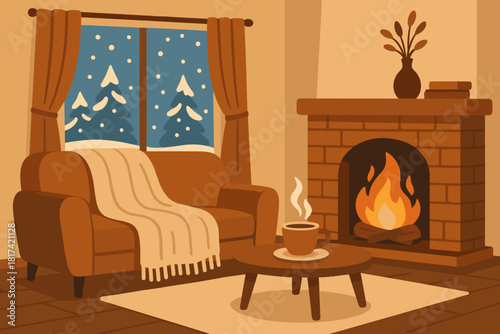 Vector steaming tea living crackling cozy retreat winter table interior illustration window