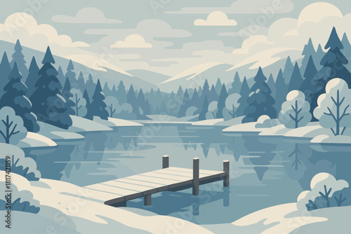 Winter sky cloudy pale extending vector serenity hills frozen illustration lake out
