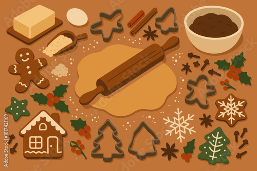 Illustration dough to waiting vector cookie festive baking station out cutters