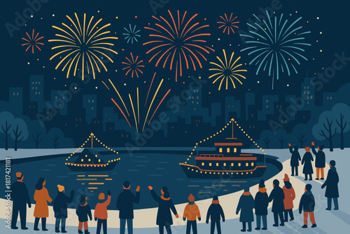 Boats lights fireworks gathered along illustration above festive embankment riverfront celebration vector