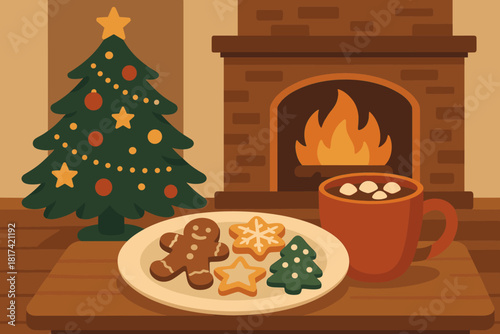 Tree glowing cookies near vector cocoa room illustration living cozy mug fireplace