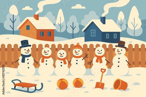 Chimneys scene simple fence smoke toys vector snowmen scattered illustration backyard peaceful