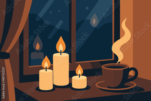 Serenity illustration interior cup quiet windowsill simple vector candles glass candlelit nearby
