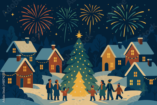 Night winter nighttime above celebration glowing fireworks gathered near central illustration vector
