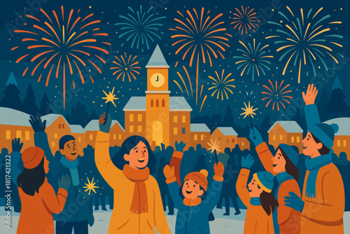 Square celebration snowy watching fireworks new vector illustration bright year sparklers crowd