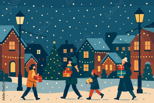 Lights under town snowy falling festive soft illustration people vector small evening