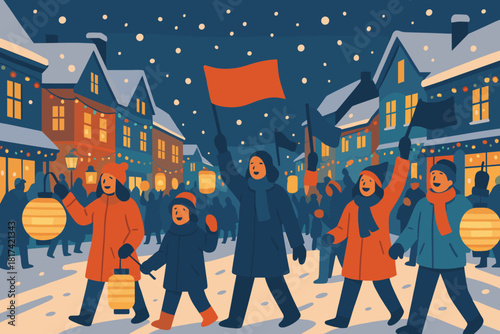 Glowing rooftops illustration street vector people warm reflecting parade holiday festive winter