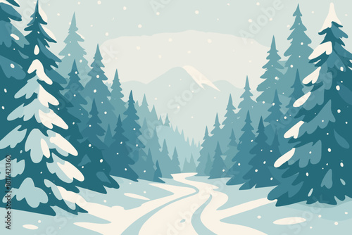 Illustration forest pathway falling snowy vector soft distant snow white frosted mountains