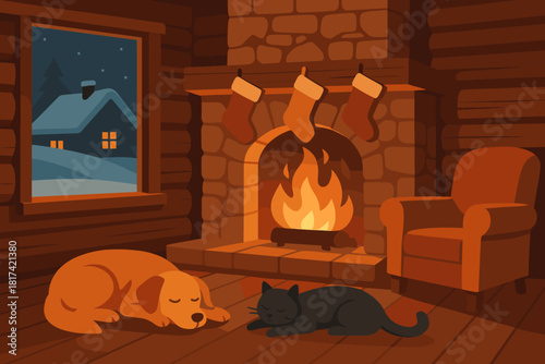 Lighting soft fireplace stockings glow retreat orange fire vector illustration cozy near