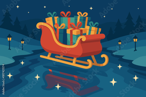 Low sleigh santa s glow banks faint filled along vector illustration reflections