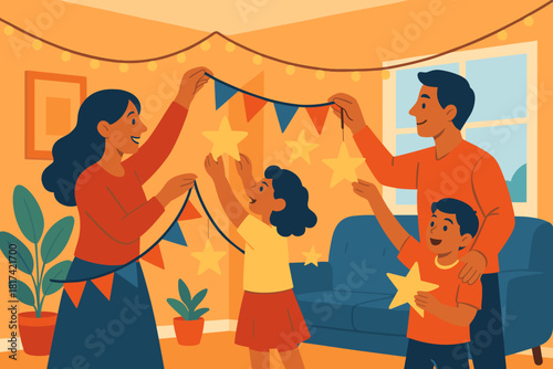 Children garlands stars togetherness love festive bright family vector room decorating illustration