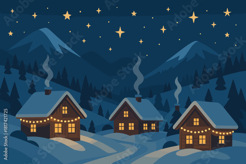 Mountain village snowy stars vector snow gently illustration smoke cabins overhead