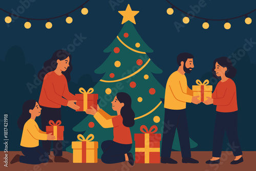 Festive string above joy tree uniting everyone large vector exchange illustration gift