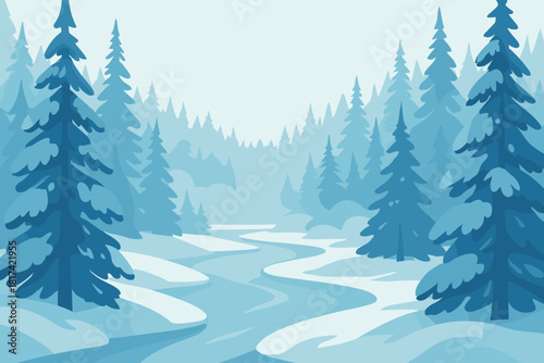 Frozen simple mist frosty forest vector illustration through blue above wonderland pines