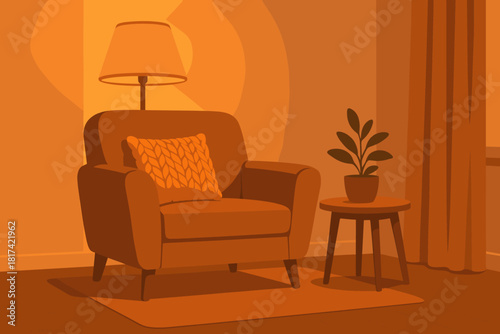 Cozy plant armchair soft illustration interior night pillow orange vector corner warmth