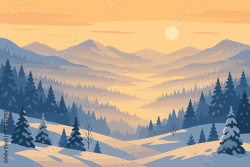 Frosty light valley winter dusk harmony wonderland golden panorama mist vector illustration