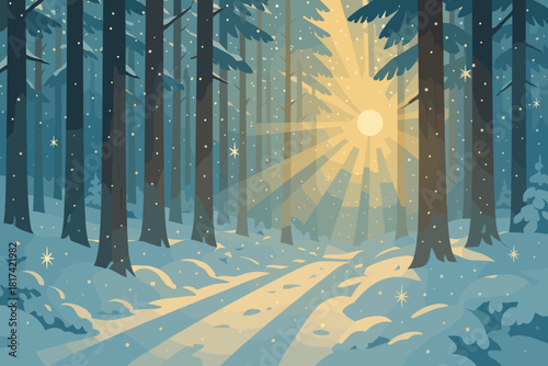 Snowflakes forest peaceful vector rays illustration winter trunks through tree radiance streaming