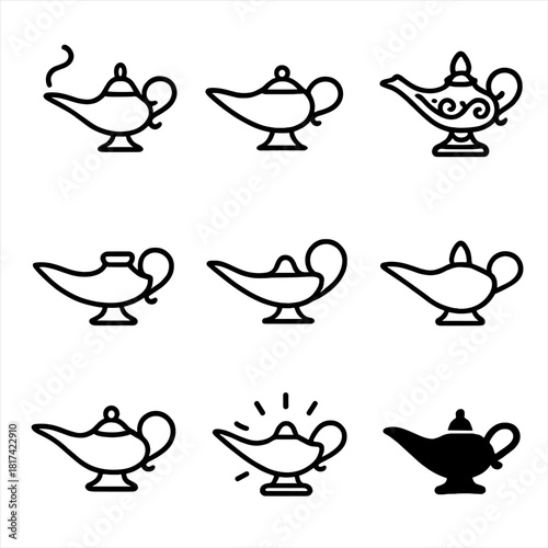 Set of nine genie lamp icons on subtle gradient background