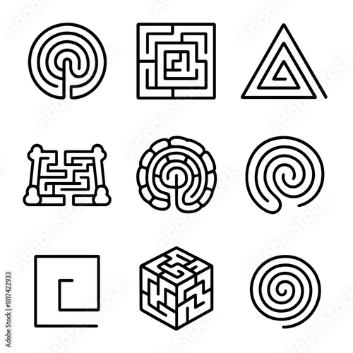 Diverse maze patterns and geometric designs for puzzles and creative projects