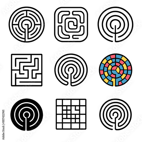 Abstract maze patterns with one colorful labyrinth puzzle design