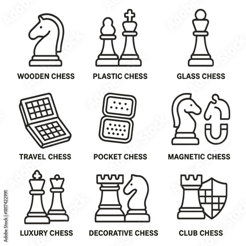 Various chess piece designs: wooden, plastic, glass, travel, pocket, magnetic, luxury