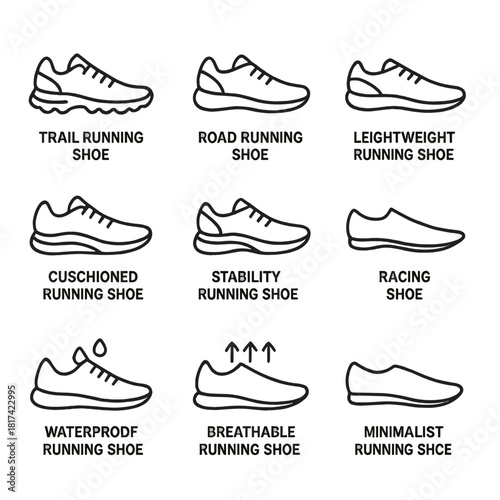 Versatile running shoe icons: trail, road, lightweight, cushioned, stability, racing