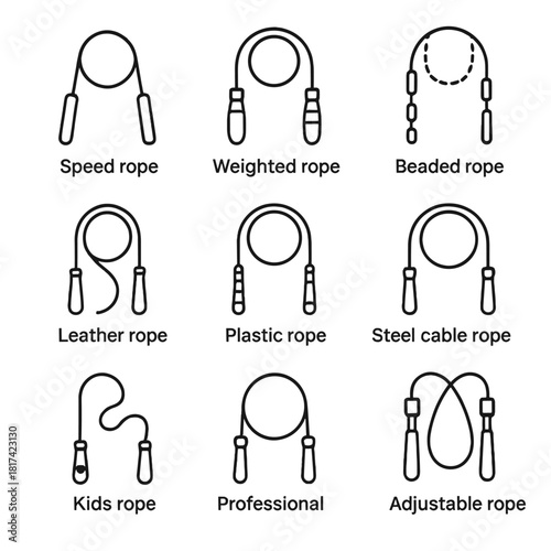 Variety of jump ropes: speed, weighted, beaded, leather, plastic, steel, kids, adjustable