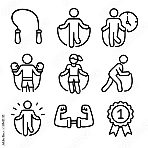 Set of fitness icons featuring skipping rope and various workout activities