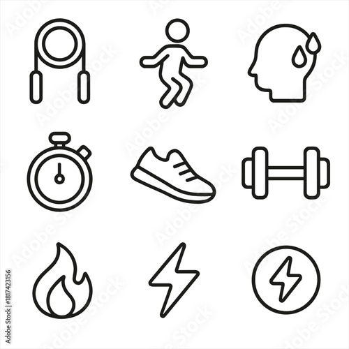 Fitness icons set: equipment, exercise, and energy symbols for health enthusiasts