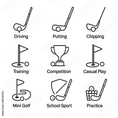 Golf activity icons: mini golf, competition, training, casual play symbols