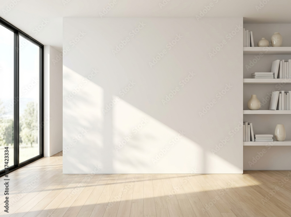 Obraz premium Blank white wall mockup in a bright, empty living room with sunlight and wood floors for interior design display
