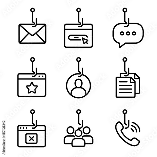 Minimalist cybersecurity icons with fishing hooks on gray background