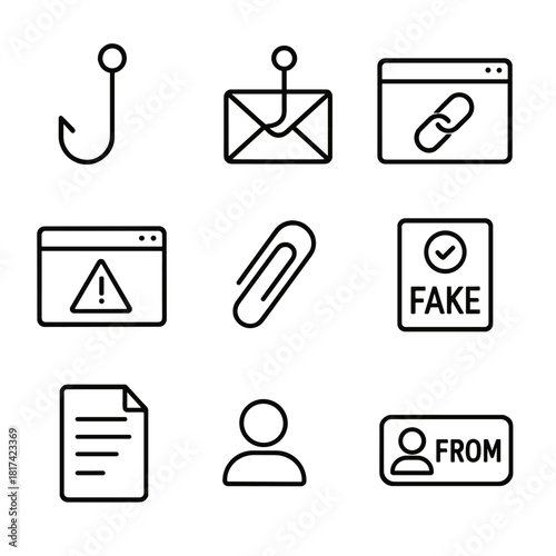 Cybersecurity icons representing phishing, malware, and digital threats