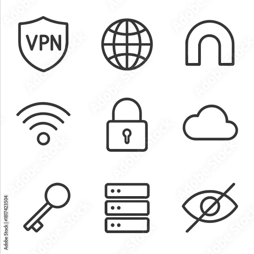Digital security icons: vpn, lock, cloud, network, privacy symbols collection
