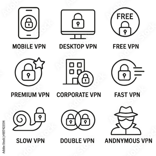 Vpn security icons set: mobile, desktop, fast, slow, free, premium, double, anonymous