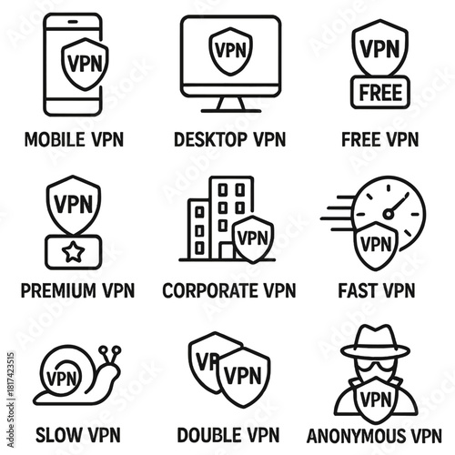 Vpn icons for mobile, desktop, and security solutions with various options