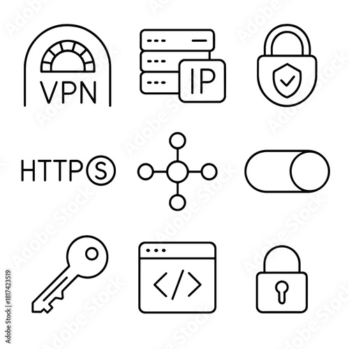 Cybersecurity icons: vpn, ip, https, and data protection symbols