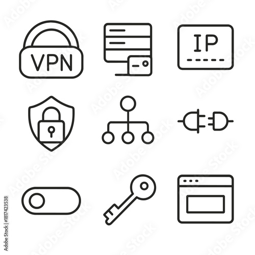 Cybersecurity icons: vpn, ip, key, lock, network connections, security interface