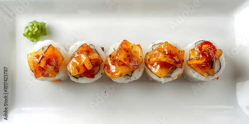 Close-up sushi rolls with orange glaze on white plate