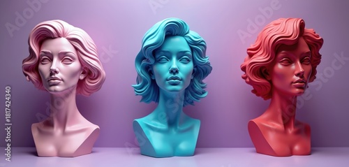 Three female busts in pink, blue, and red stand against a soft purple background. The statues feature wavy hairstyles and smooth, stylized faces, evoking a retro-futuristic aesthetic.