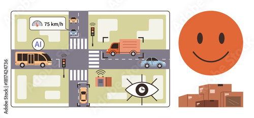 AI-powered vehicles navigate crossroads with traffic lights, sensors, logistics trucks, and delivery boxes. Ideal for smart cities, technology, automation, transportation, safety logistics