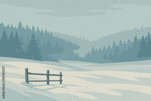 Illustration solitude peaceful wooden mist fence snowy vector tones into distant landscape